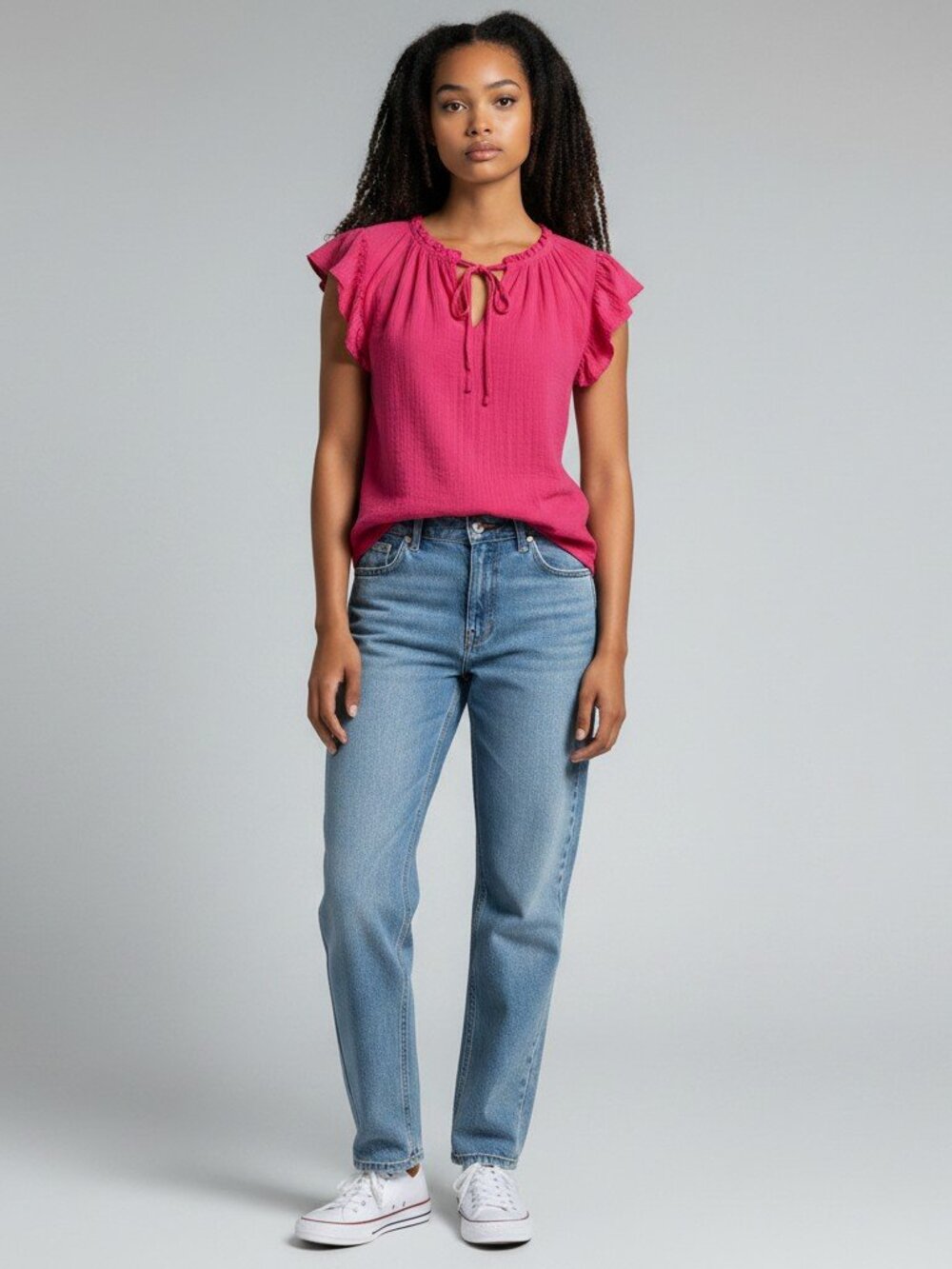 Andree by Unit Pink Gauze Ruffle Sleeve Tie Neck Top Size Large L